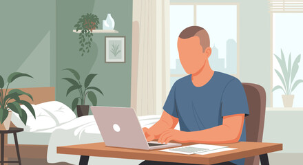 Man working from home on laptop, vector illustration perfect for blog posts and websites about remote work.