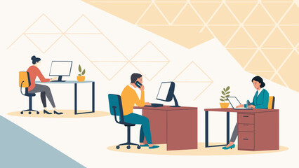 Modern Office Workers: Illustration of people working on computers and phone, ideal for presentations on teamwork and productivity.