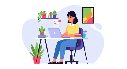 Young woman working on laptop at home office, perfect for websites, blogs, and social media.