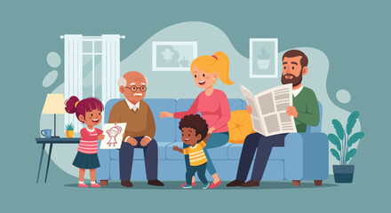 Happy multigenerational family relaxing at home, perfect for family, togetherness, and generational themes.