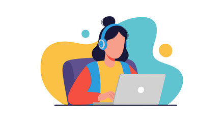 Woman working on laptop with headphones, perfect for website banners or blog posts about remote work.