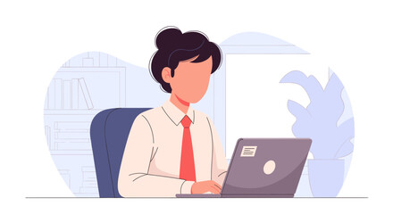 Illustration of a faceless businessman working on his laptop in the office. Ideal for websites, presentations, or reports related to business or work.