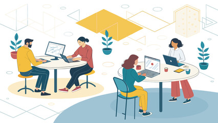 Diverse team collaborating on projects in a modern co-working space. Ideal for website banners, presentations, and marketing materials.