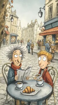paris cartoon cafe,Two Friends Enjoying Coffee and Pastries in a Charming Caf&eacute;, comic style breakfast, cozy french street