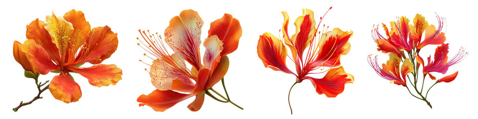 Set of Flame of the Forest flower isolated on transparent background.