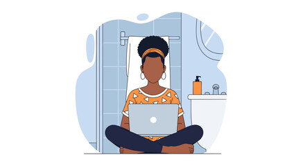 Woman working on laptop in bathroom - perfect for blog posts about remote work, work-life balance, or flexible schedules.