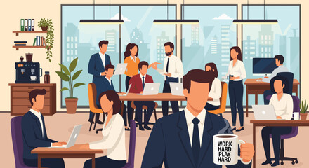 Busy office workers collaborating and working on laptops, perfect for business presentations or website banners.