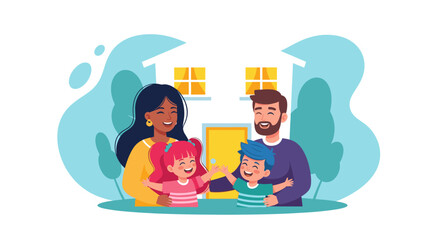 Happy diverse family in front of their new house. Perfect for real estate websites, family blogs, and advertising.