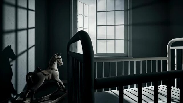 Creepy old crib and rocking horse in a dark room with window light, unsettling abandoned interior for horror movie footage.