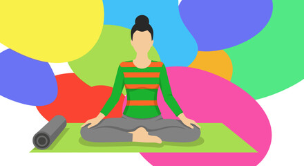 Woman meditating in lotus pose on yoga mat, colorful abstract background. Perfect for wellness websites, brochures, and meditation apps.
