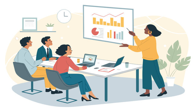 Diverse business team in meeting, woman presenting data on whiteboard, perfect for website landing page or company brochure.