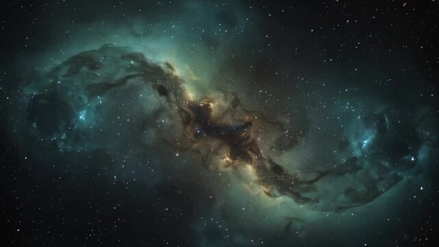 A vibrant teal and gold cosmic nebula sprawls across the deep space canvas, with delicate, swirling clouds of gas and dust illuminated by the soft glow of distant stars, set against a backdrop of inky
