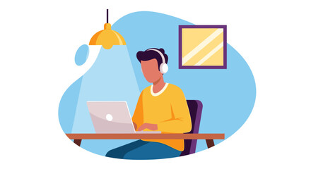 Man working on laptop at home, perfect for remote work, freelance, or online education websites.
