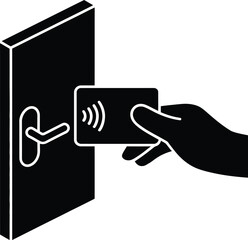 Hand holding access card to unlock door with rfid technology