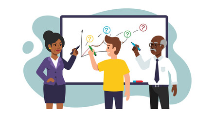 Diverse team brainstorming around whiteboard with graph, ideal for presentations on teamwork, problem-solving, and strategy.