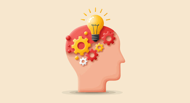 Human head with gears and a lightbulb, symbolizing creative thinking and problem-solving.