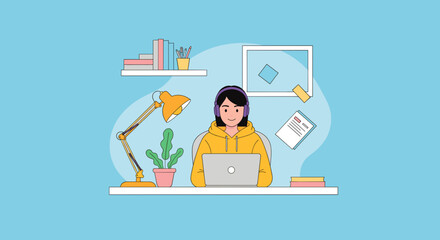Happy woman working from home on laptop, perfect for website banners or blog posts about remote work.