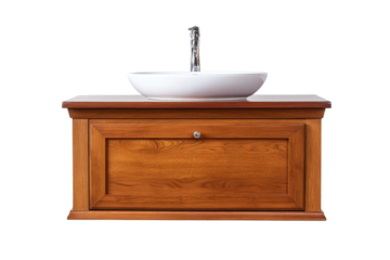 Wooden bathroom vanity with white basin sink and chrome faucet isolated on transparent background