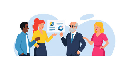 Diverse business team presenting data, perfect for website banners, presentations, or marketing materials.