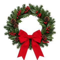 Festive handcrafted Christmas wreath with lush green foliage and red berries, perfect for holiday decorations. isolated on white or transparent background. PNG format.