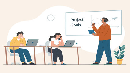 Project team meeting: Diverse colleagues collaborating on project goals. Ideal for presentations or reports on teamwork and project management.