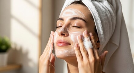 A woman with closed eyes applies foamy cleanser to her face a towel wrapped around her head in a bright natural setting