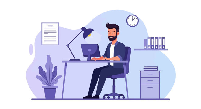 Happy businessman working at his desk, perfect for website banners or blog posts about productivity and success.