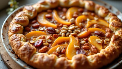 Flaky, golden brown crust cradles juicy, caramelized slices of stone fruit, their vibrant color deepening as they bake; toasted sliced nuts are scattered across the fruit