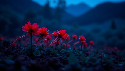 A series of scarlet trumpet shaped blossoms, seemingly suspended in a field of deep twilight blue, unfurl in elongated streaks of crimson and scarlet