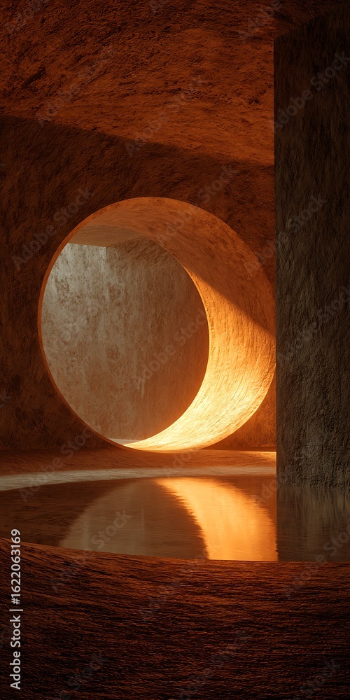Wall mural abstract architecture with a circular opening reflecting in water, creating a modern and minimal des