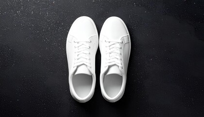 Overhead View Of White Leather Sneakers On Black Backgrounds, PSD Mockup