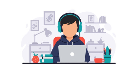 Person working from home on laptop with headphones, perfect for online learning, remote work, or podcasting websites.