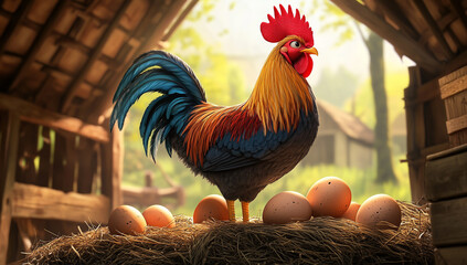 Rooster standing on eggs inside a rural barn