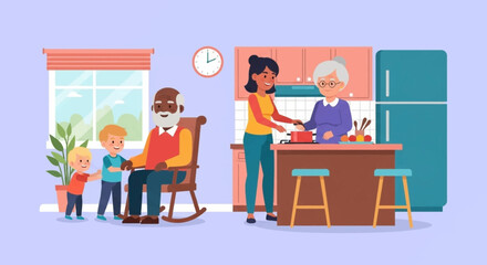 Multigenerational family cooking together in a bright kitchen. Ideal for website banners, family blogs, and articles about family bonding.