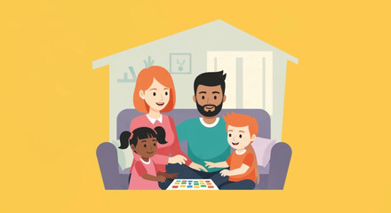 Happy family playing a board game together at home, perfect for family blogs or articles about family time.