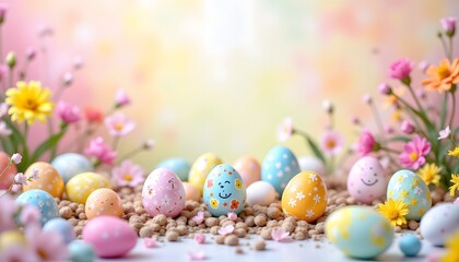 Fototapeta premium A vibrant spring tableau featuring a pastel hued backdrop with a soft, blurred effect, overlaid with a scattering of vividly painted eggs in various sizes and patterns, interspersed with delicate