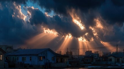 Dramatic sunset through clouds over houses