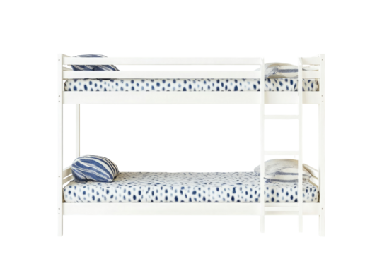 White wooden bunk bed with blue patterned bedding isolated on transparent background