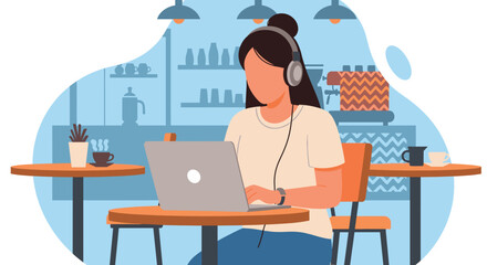 Fototapeta premium Woman working on laptop in a coffee shop, perfect for blog posts about remote work or freelance life.