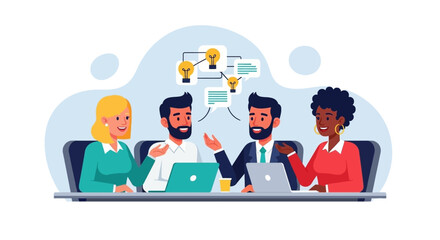 Diverse business team brainstorming ideas together, perfect for websites or presentations on teamwork and innovation.