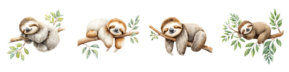 Watercolor Sloth Collection: Cute Lazy Animal Illustrations on White Background