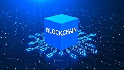 Blue cube with blockchain text on a digital circuit background