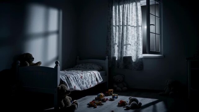 Child bedroom at night with changing light from window, casting shadows on bed with toys, a horror and fear concept.