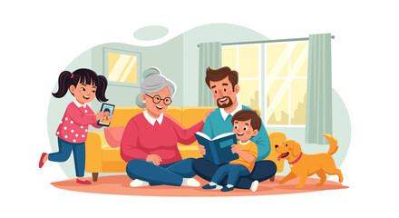 Happy multigenerational family enjoying time together at home, perfect for family, love, and togetherness themed projects.