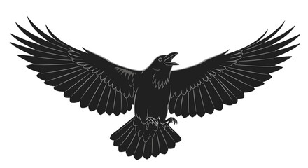 Obraz premium Majestic black bird with wings spread wide open in flight against a white background symbolizing freedom and power