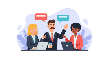 Diverse business team collaborating on laptops, ideal for website banners or presentations.