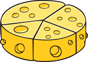 A cartoon image of a round cheese wheel cut into four slices.