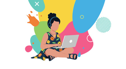 Young woman working on laptop, colorful abstract background. Ideal for websites, blogs, and social media.