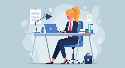 Businesswoman working on laptop at her desk, perfect for website banners or business presentations.