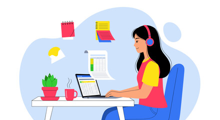 Young woman working from home on laptop, perfect for remote work or freelance websites.